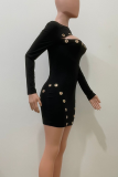 Black Sexy Solid Color Hollow Out O Neck Wrapped Skirt Dresses