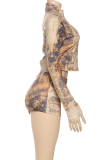 Brown Casual Print Zipper Zipper Collar Long Sleeve Two Pieces