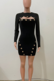 Black Sexy Solid Color Hollow Out O Neck Wrapped Skirt Dresses