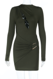 Army Green Sexy Solid Color Hollow Out O Neck Wrapped Skirt Dresses