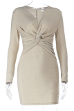 Gold Sexy Solid Color Ruched V Neck Wrapped Skirt Dresses