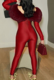 Burgundy Sexy Solid Color Hollow Out Off Shoulder Skinny Jumpsuits
