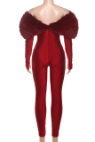 Burgundy Sexy Solid Color Hollow Out Off Shoulder Skinny Jumpsuits