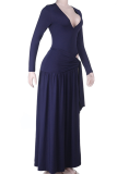 Tibetan Blue Sexy Solid Color High Slit V Neck Long Dresses