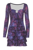 Rose Red Sexy Print Patchwork Square Neck Wrapped Skirt Dresses