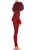 Burgundy Sexy Solid Color Hollow Out Off Shoulder Skinny Jumpsuits