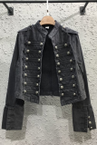 Blue Casual Solid Color Buttons Cardigan Collar Long Sleeve Straight Denim Jacket