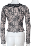 Black Sexy Solid Color Lace V Neck Tops