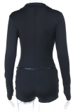 Black Sexy Solid Color Buckle V Neck Skinny Rompers