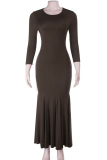 Brown Elegant Solid Color Patchwork O Neck Long Dresses