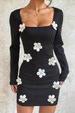 Black Sexy Solid Color Flower Shape Square Neck Wrapped Skirt Dresses