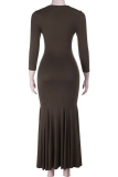 Brown Elegant Solid Color Patchwork O Neck Long Dresses