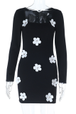 Black Sexy Solid Color Flower Shape Square Neck Wrapped Skirt Dresses