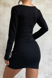 Black Sexy Solid Color Flower Shape Square Neck Wrapped Skirt Dresses