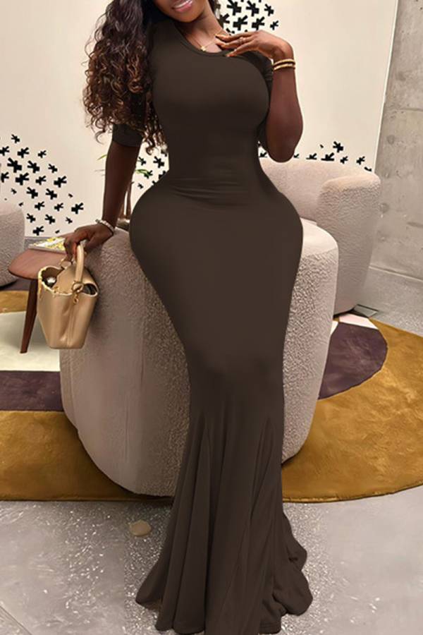 Brown Elegant Solid Color Patchwork O Neck Long Dresses