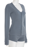 Blue Gray Casual Solid Color Patchwork V Neck Long Sleeve Two Pieces