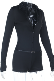 Black Sexy Solid Color Buckle V Neck Skinny Rompers