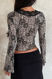 Black Sexy Solid Color Lace V Neck Tops