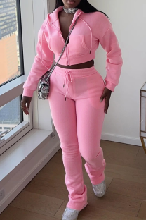 Pink Casual Solid Color Zipper Hooded Long Sleeve Two Pieces