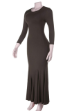 Brown Elegant Solid Color Patchwork O Neck Long Dresses