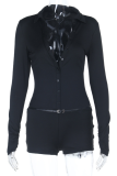 Black Sexy Solid Color Buckle V Neck Skinny Rompers
