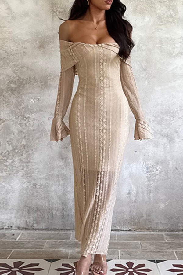 Apricot Elegant Solid Color Patchwork Off Shoulder Long Dresses