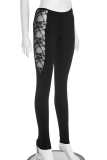 Black Sexy Solid Color Lace Skinny Conventional Patchwork Bottoms