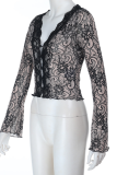 Black Sexy Solid Color Lace V Neck Tops