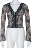 Black Sexy Solid Color Lace V Neck Tops