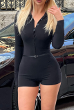 Black Sexy Solid Color Buckle V Neck Skinny Rompers