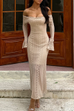 Apricot Elegant Solid Color Patchwork Off Shoulder Long Dresses