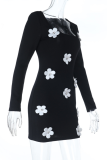 Black Sexy Solid Color Flower Shape Square Neck Wrapped Skirt Dresses