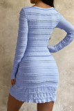 Blue Sexy Solid Color Patchwork V Neck Wrapped Skirt Dresses