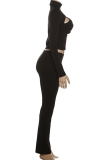 Black Sexy Solid Color Hollow Out Turtleneck Long Sleeve Two Pieces