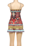 Red Sexy Print Backless Spaghetti Strap Wrapped Skirt Dresses