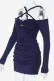 Navy Blue Sexy Solid Color Hollow Out Strapless Wrapped Skirt Dresses