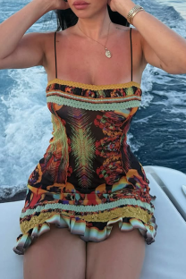Red Sexy Print Backless Spaghetti Strap Wrapped Skirt Dresses