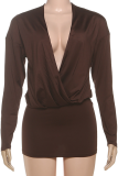 Brown Sexy Solid Color Patchwork V Neck Wrapped Skirt Dresses