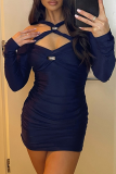 Navy Blue Sexy Solid Color Hollow Out Strapless Wrapped Skirt Dresses