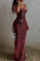 Red Sexy Print Backless Spaghetti Strap Long Dresses