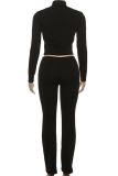 Black Sexy Solid Color Hollow Out Turtleneck Long Sleeve Two Pieces