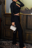 Black Sexy Solid Color Hollow Out Turtleneck Long Sleeve Two Pieces