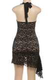 Black Sexy Solid Color Lace Halter Wrapped Skirt Dresses