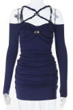 Navy Blue Sexy Solid Color Hollow Out Strapless Wrapped Skirt Dresses