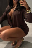 Brown Sexy Solid Color Patchwork V Neck Wrapped Skirt Dresses