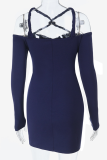 Navy Blue Sexy Solid Color Hollow Out Strapless Wrapped Skirt Dresses