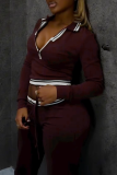 Burgundy Casual Stripe Zipper Turndown Collar Long Sleeve Two Pieces