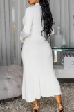 White Casual Solid Color Buckle Turndown Collar Long Dresses