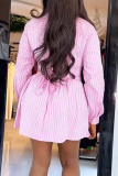 Pink Casual Stripe Buckle V Neck Wrapped Skirt Dresses