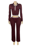 Burgundy Casual Stripe Zipper Turndown Collar Long Sleeve Two Pieces